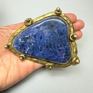 Vintage Pal‎ Kepenyes Signed Blue Sodalite Brass Belt Buckle 3.5" Artisan Made